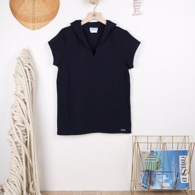 Tropique, T-shirt femme jersey à col en V made in France Navy