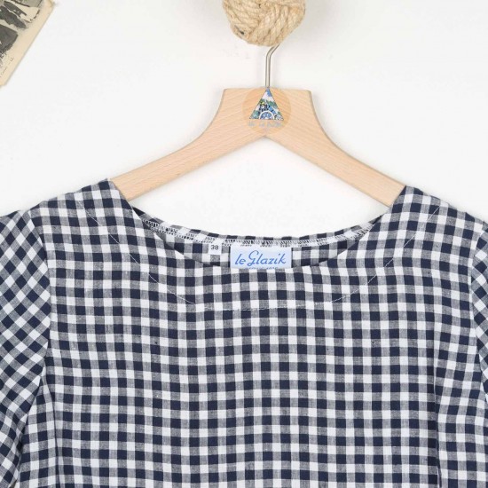 Marotte, short-sleeved Vichy blouse in 100% linen