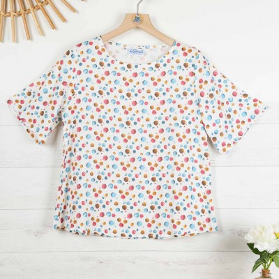 Marykate, short-sleeved Polka-dot blouse in 100% linen