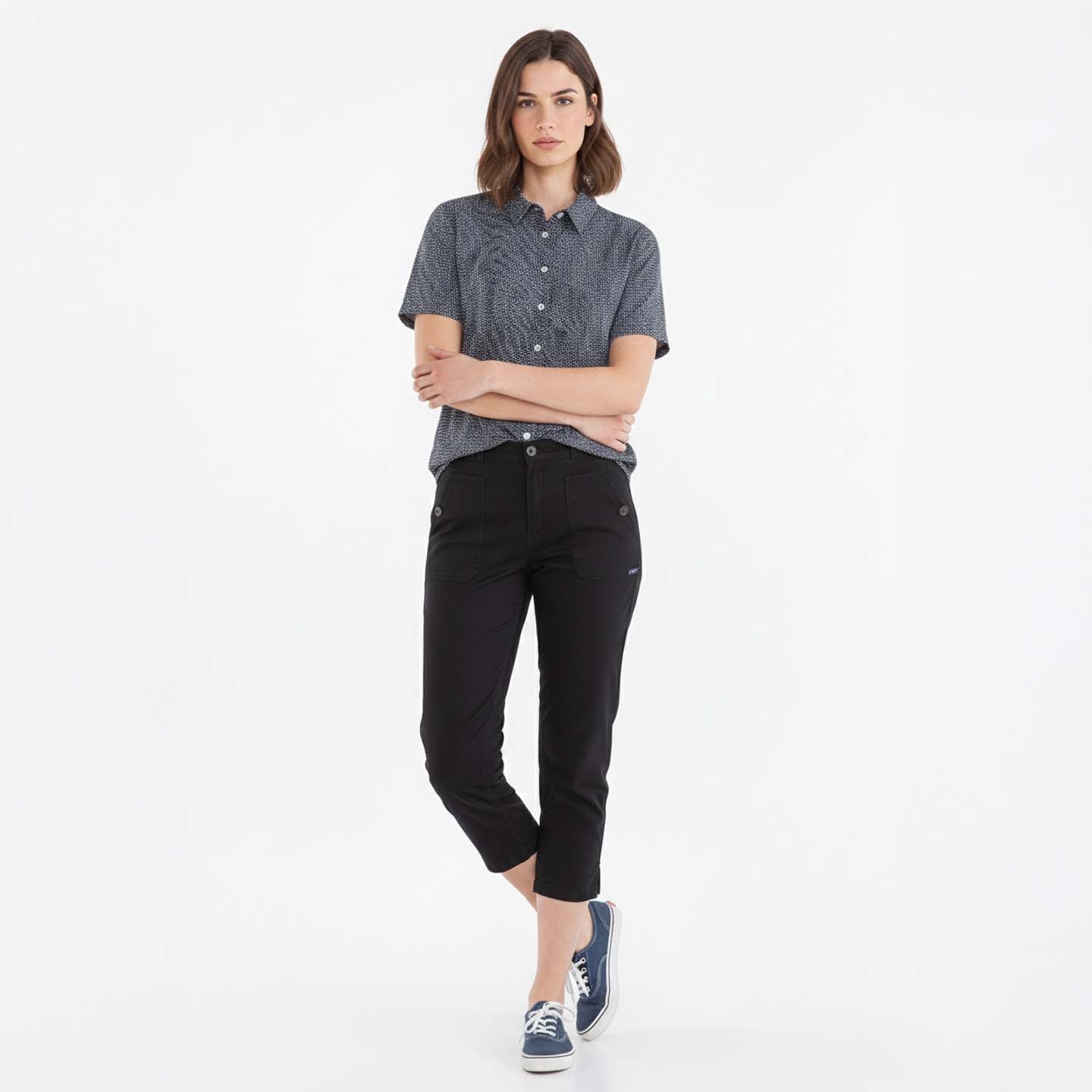 Pinta, Pantacourt femme en toile stretch avec pattes sur poches navy