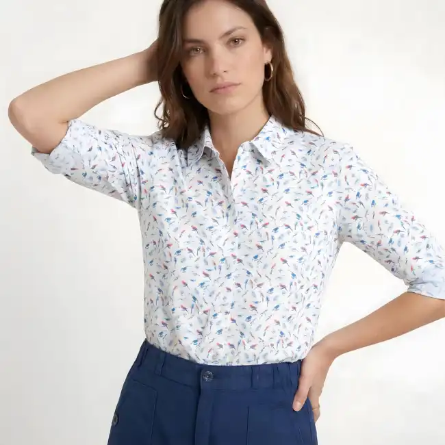 Ménéham, Chemisier blanc fantaisie à motif perroquets
