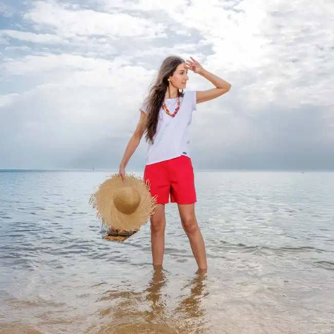 Odet, Short court en toile stretch coton femme  corail