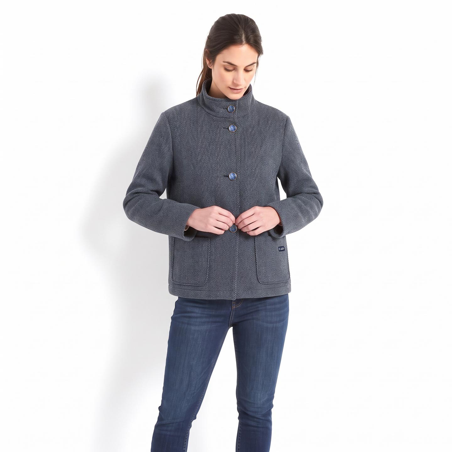 Nina, Veste Courte en Drap Chevrons ciel