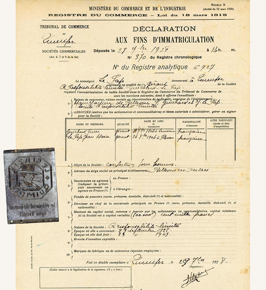 Registration of the Le Glazik company in 1928 in Quimper